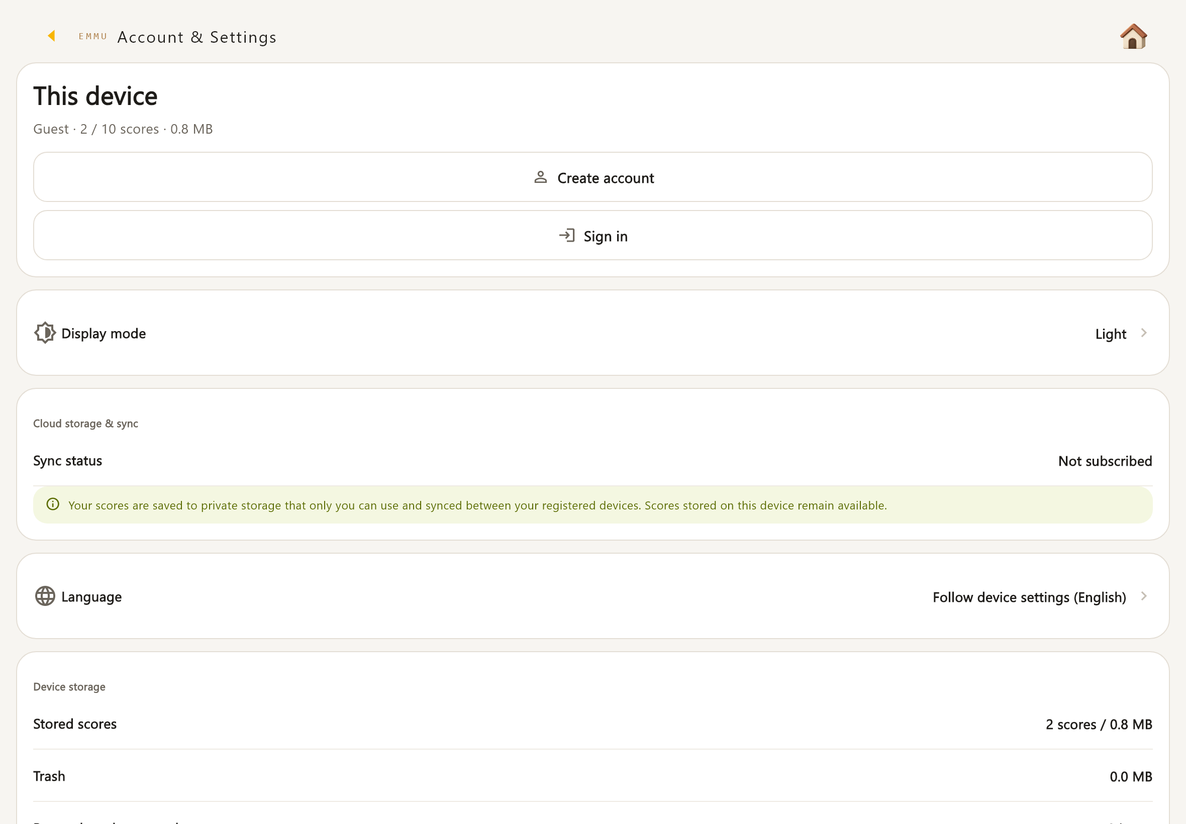 Account settings bring together appearance, language, storage, cloud and account management.